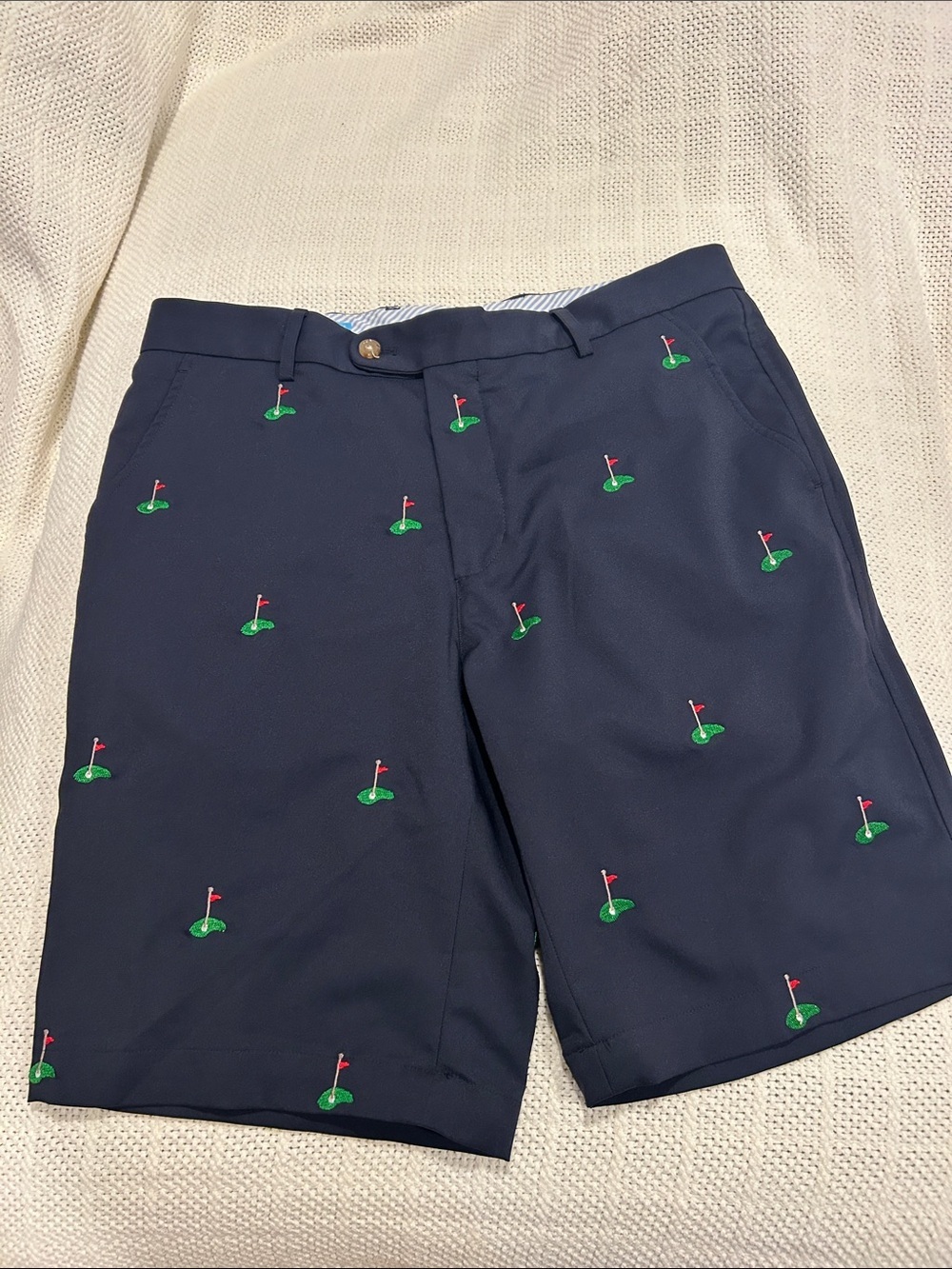 J. McLaughlin Navy Golf Embroidered Shorts with Green & Red Accents NWOT